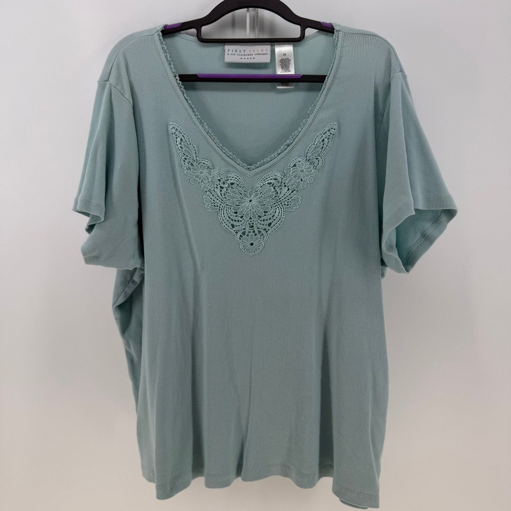 First Issue T-Shirt Womens 3X Sage Green Lace Crochet Ribbed Cotton Cottagecore